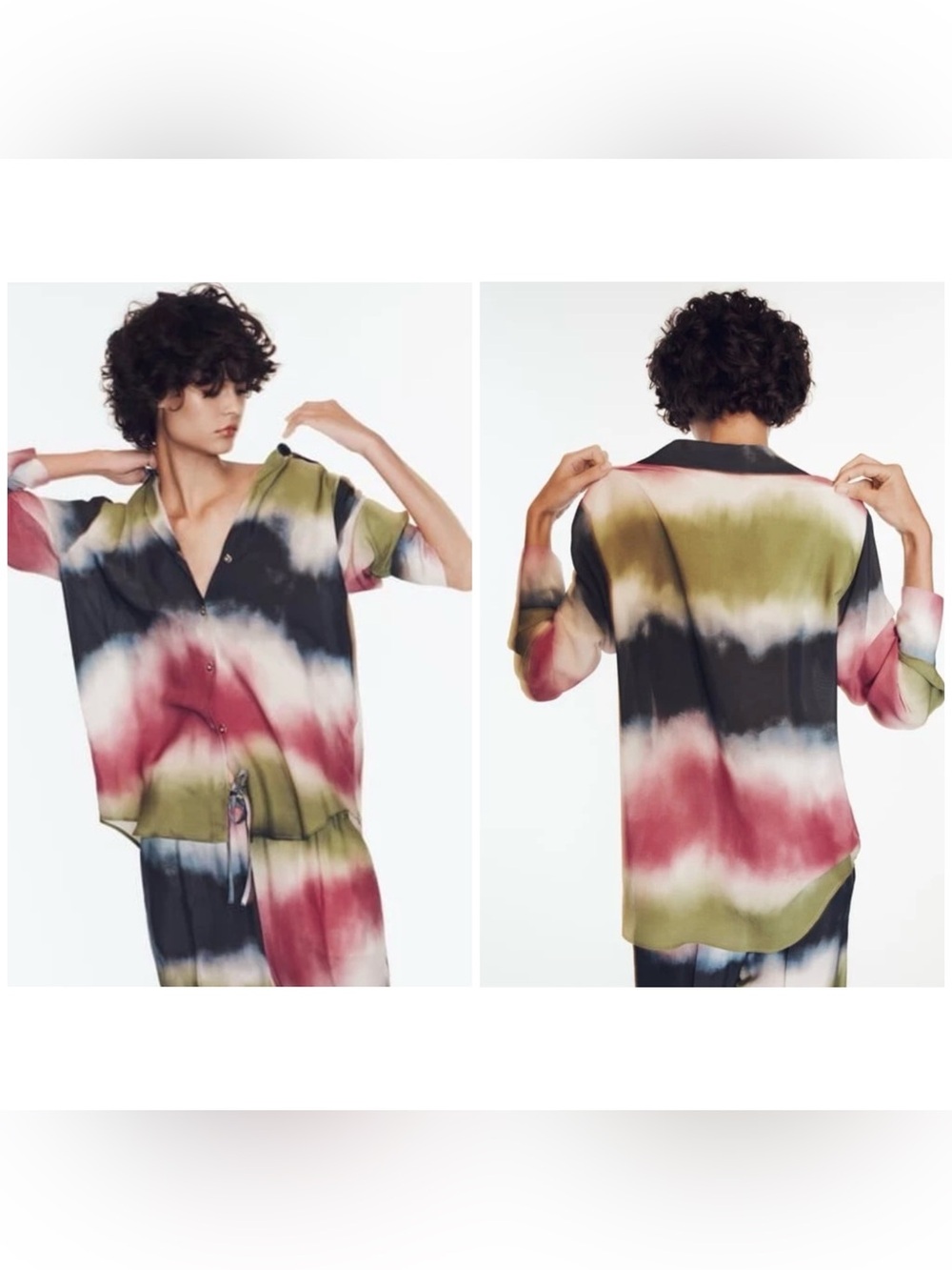 Zara Abstract Tie-Dye Print Relaxed Fit Flowy Button Down Shirt Blouse Size L